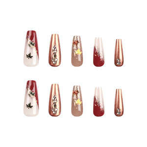 24 <span class=keywords><strong>faux</strong></span> <span class=keywords><strong>ongles</strong></span> longs à presser en acrylique, motif feuille <span class=keywords><strong>d</strong></span>'érable, style français, dorés à paillettes, design de luxe - Product Image 4