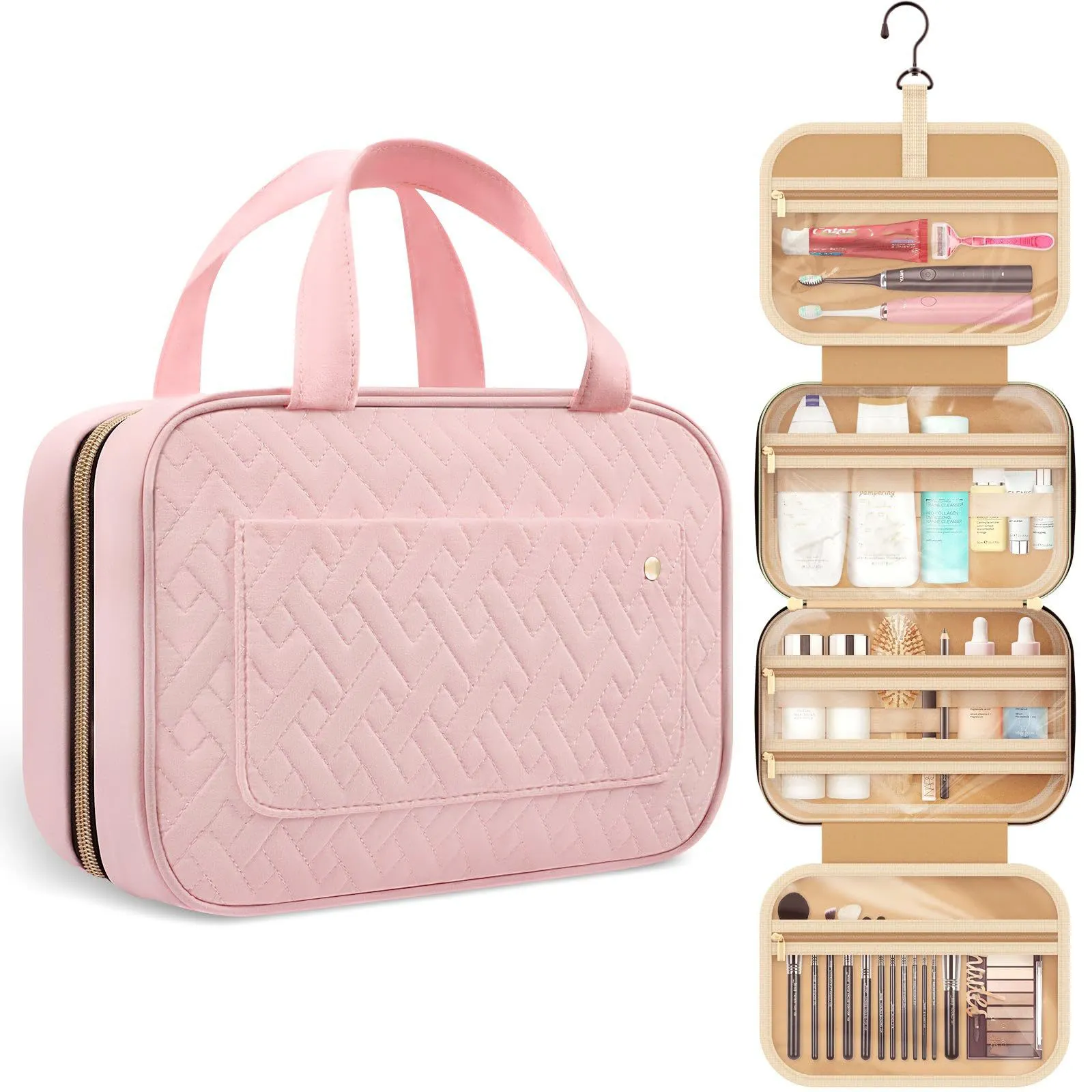 Trousse de toilette sac de voyage avec crochet suspendu, sac cosmétique de maquillage résistant à l'eau organisateur de voyage pour accessoires, shampooing