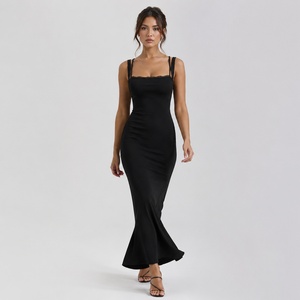 Robe longue sans manches pour femme, à volants superposés en dentelle, couleur unie, extensible, coupe ajustée, décontractée, taille naturelle, silhouette crayon - Product Image 1