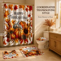 Ensemble de rideaux de douche pliables 3D modernes Thanksgiving avec 12 crochets, en polyester imperméable, lavable en machine, tapis assortis et couvercle de toilette