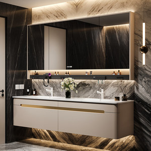 Modern Luxury Stone-Look Seamless Ceramic Double-Sink Smart <b>Mirror</b> Vanity Wall-Mounted Bathroom Cabinet - Product Image 2