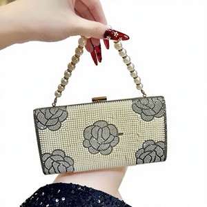 French Retro <b>Square</b> Dinner Crossbody Handbag With Pearl Decoration and Rose Flower Pattern Polyester Material Tanjing - Product Image 1