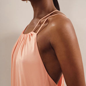 Nouvelle Arrivée 2026 – Robe longue décontractée en satin pêche pour femme, col halter, double bretelle, corsage froncé, fente latérale - Product Image 3