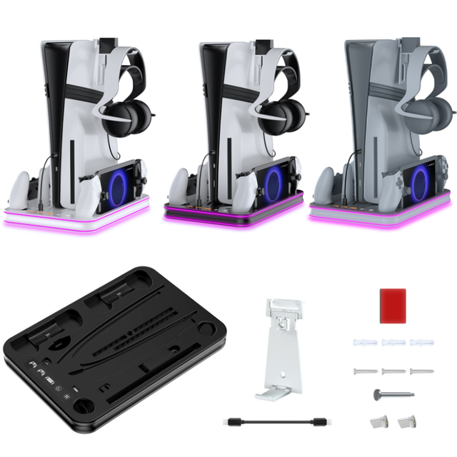 RGB Lighting Console Cooling Dock for PS5 Pro/PS5 Slim/PS5 Charging Station for PS5 Portal Controller Charger Stand