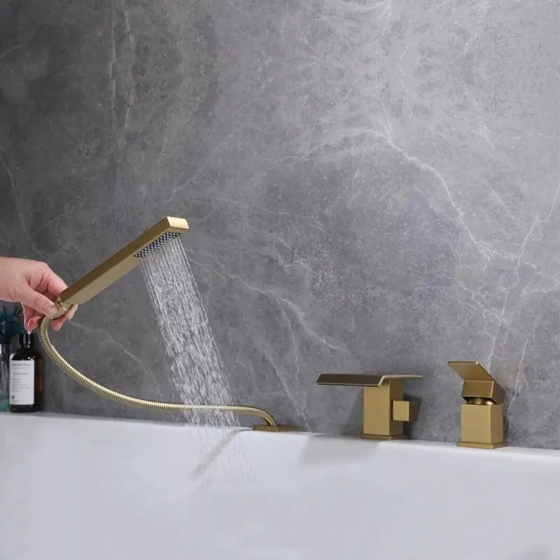Moderne gebürstete goldene badewanne wasserhahn messing 3 löcher heißes kaltes wasser badewanne dusche wasserhahn-satz wasserfall badezimmer wanne wasserhahn
