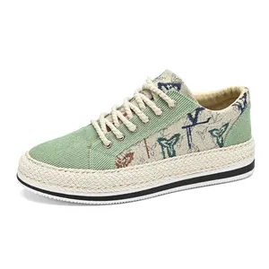 Chaussures en toile pour hommes été tout vert velours côtelé chaussures en lin respirant chaussures de sport pour hommes en paille tressée mille couches