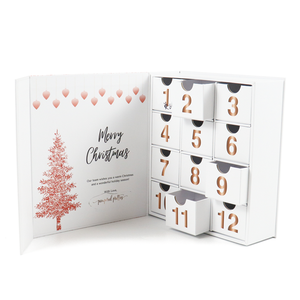 Calendrier de l'Avent de Noël rose avec des numéros estampés or et des paquets de bijoux rouges pour carte de vœux de Noël - Product Image 3
