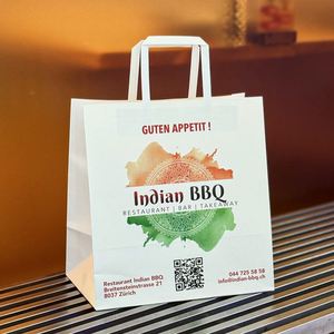 Sacs en papier personnalisés classiques, écologiques et recyclables pour le shopping, avec logo et couleur de poignée sur mesure, pour l'emballage de salades et d'aliments. - Product Image 1