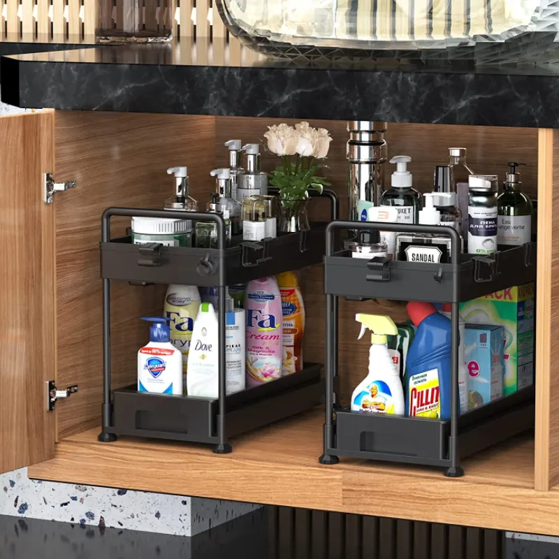 New Cabinet Storage Drawer Organizer with Hooks Bathroom Space-saving 2-Tier Under Sink Shelf Organizer