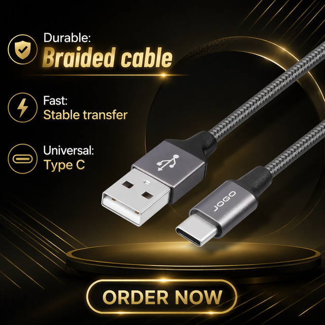 JOGO USB3.0 Stable 5Gbps Nylon Braided Aluminum Alloy Shell Type C Data Cable 3A Fast Charging CE/ROHS/FCC Certified 1 Year