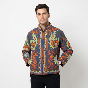 Women's Eco-Friendly Quilted Breathable Winter Jacket Indian Suzani Embroidery Floral Pattern Duck Fabric Cotton Filled Stand - Product Image 1