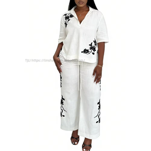 Women's <b>White</b> Shirt and Pants Embroidered Floral <b>2</b> <b>Piece</b> <b>Set</b> African Women <b>Sets</b> Fashion - Product Image 1