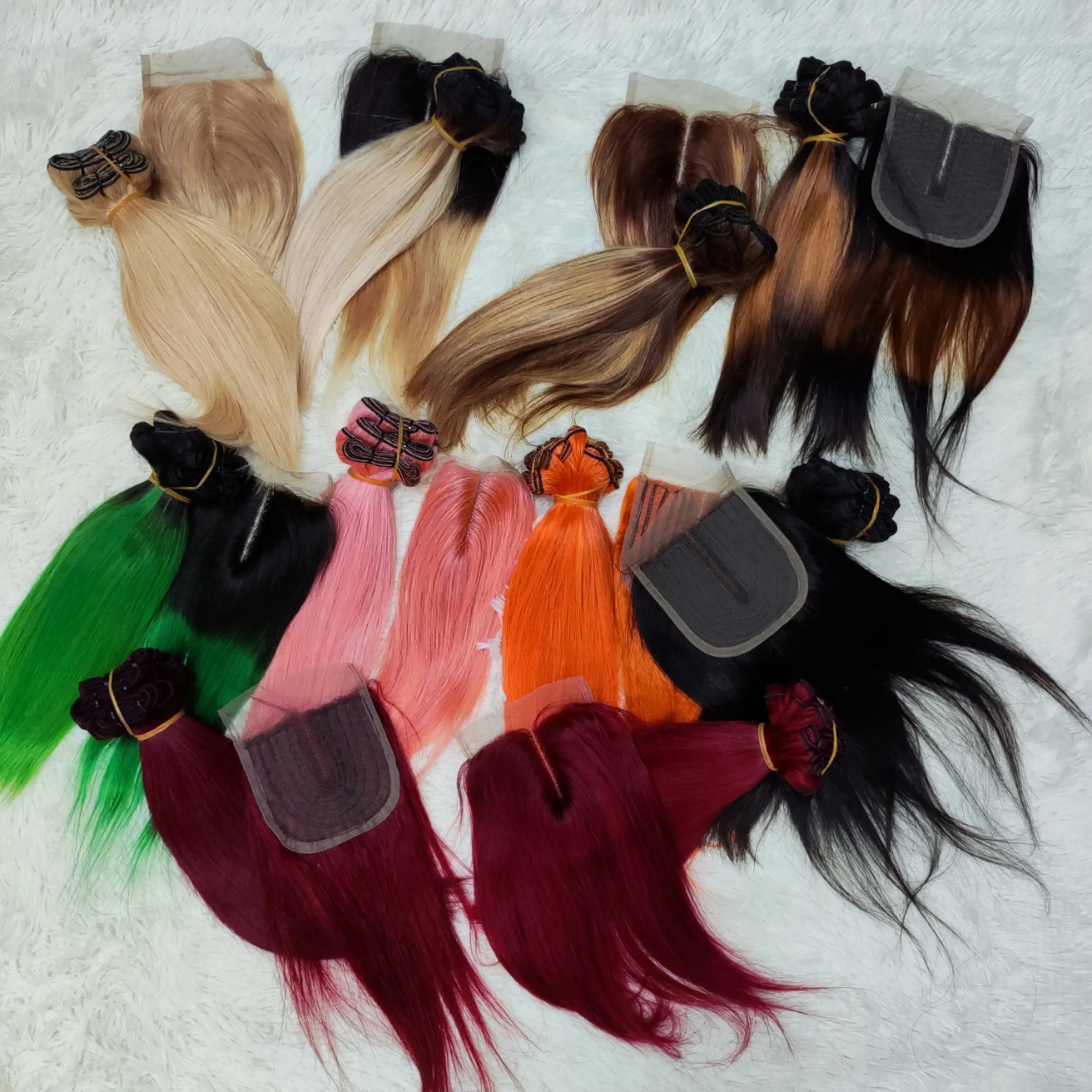 Letsfly bone pacotes coloridos, com parte t, fechamento de cabelo brasileiro, verde, rosa, laranja, atacado, frete grátis