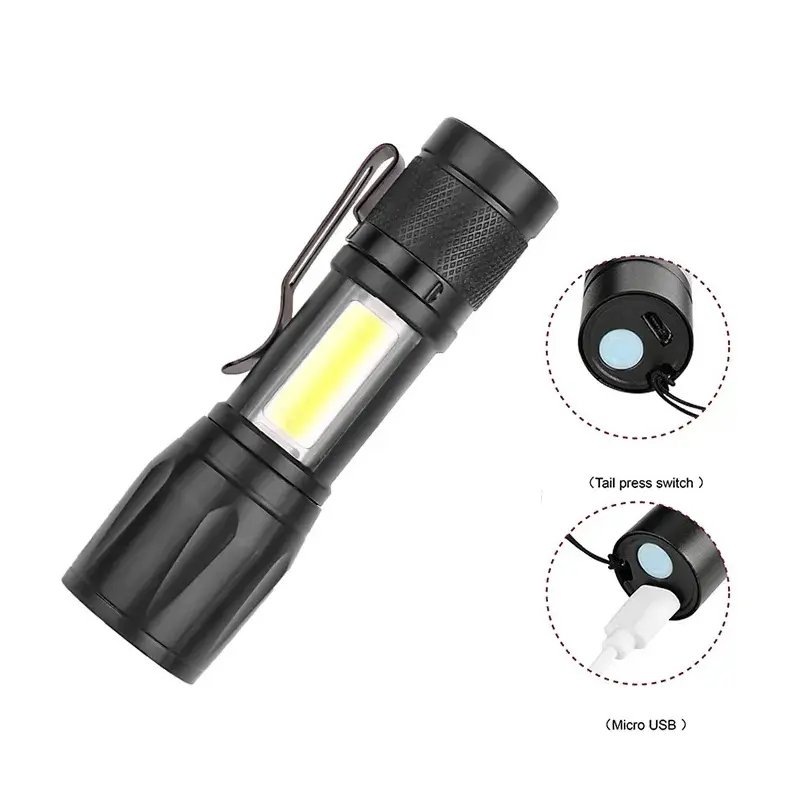 Công suất cao nhôm có thể sạc lại Zoomable nhỏ đèn pin chiến thuật LED COB đèn pin Mini torch ánh sáng