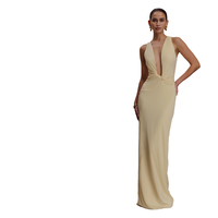Robe de soirée Sharon Said H001 à col en V, taille naturelle, style licou, froncée, brodée, longueur ras du sol, silhouette droite