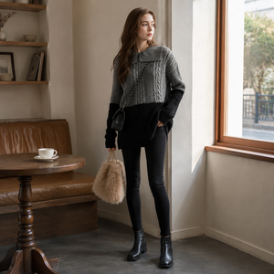 Fashion Color Block <b>Cable</b> Knit <b>Midi</b> Dress Gray Black Spliced Full Long Sleeve Stand Collar Breathable Standard Thickness Casual - Product Image 3