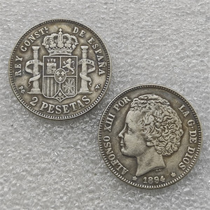 1894 สเปน 2 เปเซต้า - อัลฟอนโซที่ 13 (ภาพเหมือนที่ 2) เหรียญที่ระลึกสไตล์โบราณ, ของขวัญ, ของตกแต่งบ้าน - Product Image 1