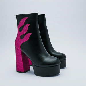 Glitter Fire Patchwork Round Toe Women <b>Platform</b> Short <b>Boots</b> Side Zipper Women Ankle Booties High Chunky Heels Shoes Customized - Product Image 6
