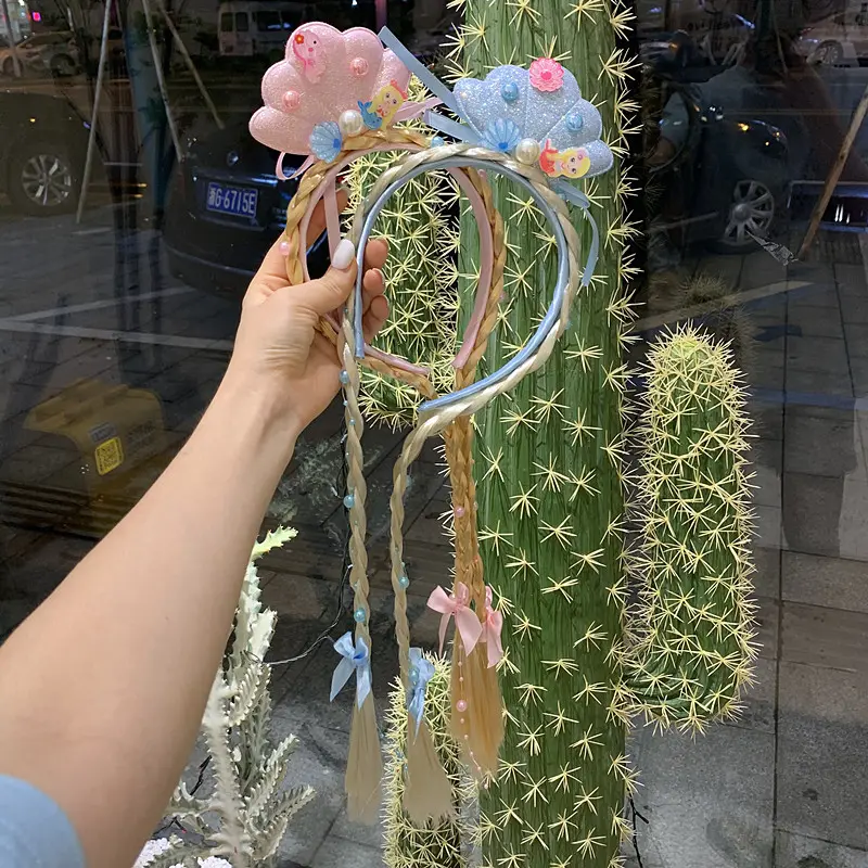 Hermosa concha perla pelo mano de los niños Peluca de dientes falsa trenza tocado arco Giro trenza diadema