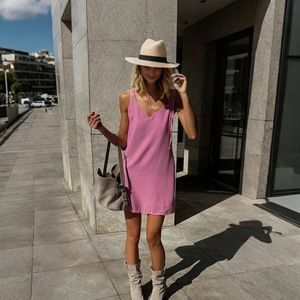 Abito estivo transfrontaliero in stile semplice europeo e americano, nuovo, alla <span class=keywords><strong>moda</strong></span>, elegante, senza maniche, con scollo a V, monocolore, slim fit, <span class=keywords><strong>linea</strong></span> ad A - Product Image 2