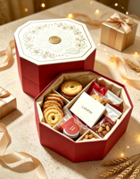 Boîte alimentaire rigide octogonale personnalisée pour commande en gros, avec motif floral bronzé gaufré à l'or, doublure satinée, pour fruits secs, biscuits, cadeau festif