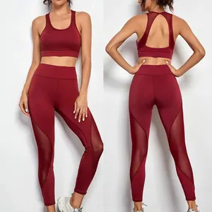 Cut Out Sports Bra and Mesh Panel Leggings, Women Jogger Working Out Clothes Set 2 Pieces