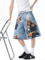 Shorts en jean baggy bleu YUANBOFEI, taille mi-haute, style urbain, imprimé ours en peluche, coupe large, polyvalents pour femme