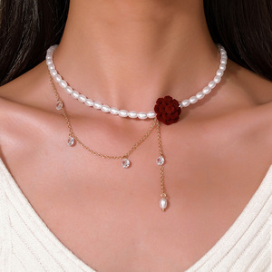 Collar floral de perlas sintéticas con lazo de diamantes de imitación, cadena de clavícula de varias capas para mujer, joyería de aniversario - Product Image 2