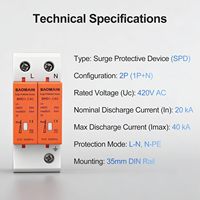Protezione da Sovratensioni Monofase 1P+N Premium, SPD 20kA Nominale 40kA Corrente di Scarica Massima 420V AC, Protezione su Guida DIN