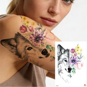 Autocollant de tatouage temporaire style japonais motif loup et fleur, imperméable, pour bras et corps, pour hommes et femmes - Product Image 1