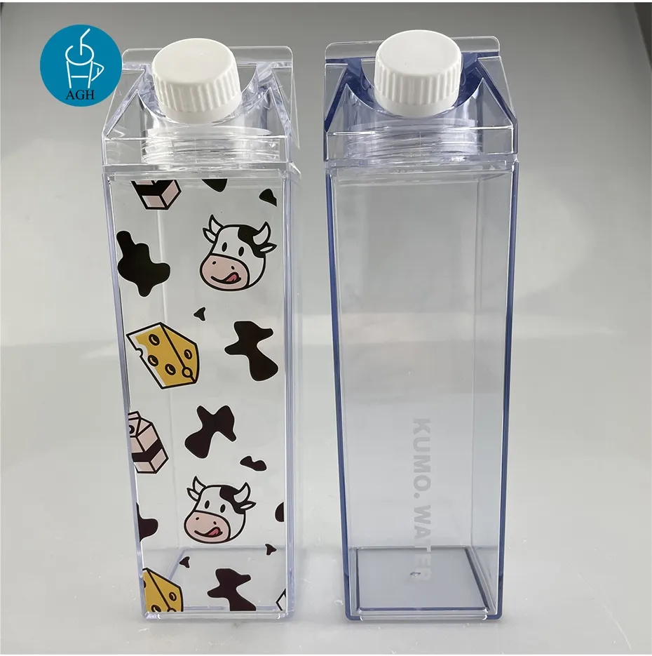 BPA Gratis Kustom 1000Ml Plastik Bening Merah Muda Transparan Berwarna Akrilik Susu Kotak Berbentuk Karton Botol Air Cangkir Plastik