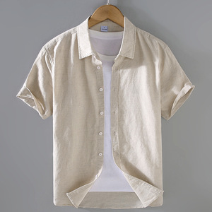 Chemise à manches courtes en coton et lin, vente chaude 2025, tissu en lin, couleur unie, col rabattu, pour hommes - Product Image 4