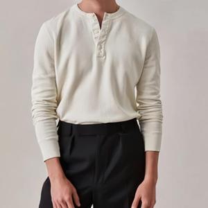 T-shirt à manches longues pour hommes, logo personnalisé, coupe vintage thermique, coton côtelé, tricot gaufré, double couche, vierge - Product Image 4