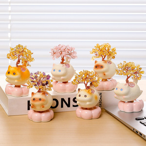 Cute Cat <b>Crystal</b> Money <b>Tree</b> Resin Ornament Pumpkin Shape Office Desk Decor Gift - Product Image 1