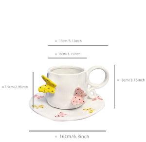 كوب قهوة خزفي كوري أنيق سعة 270 مل مع صحن، مزين يدويًا برسومات الفراشات، مثالي كهدية - Product Image 6