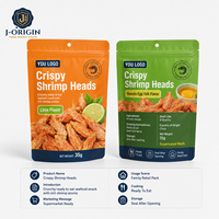Têtes de crevettes croustillantes prêtes à consommer, collation de fruits de mer 35g, saveur citron vert, wasabi et jaune d'œuf, durée de conservation 8 mois, emballage de détail, vente en gros, OEM, approvisionnement en vrac