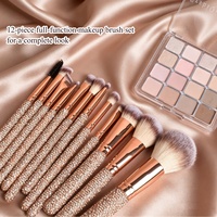 Ensemble de 12 pinceaux de maquillage de luxe à manche en bois avec strass pour fard à paupières, poudre libre, éclaircissement et contouring - Idéal pour les débutants