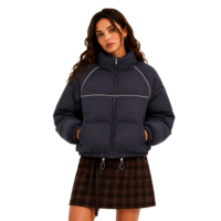 Blouson matelassé bleu marine pour femme, col montant, surpiqûres contrastantes blanches, court, imperméable, respirant, coupe-vent, isolé pour l'hiver