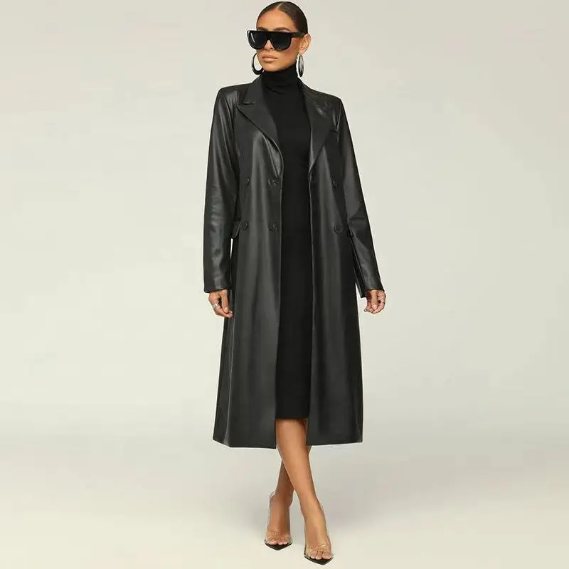 Black women's Slim Motorcycle Pu Leather Coat long slim with belt women's leather trench coats