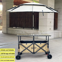 Chariot de camping pliable avec table et parasol, chariot d'extérieur pliable pour stand de vente, camping, pique-nique, plage