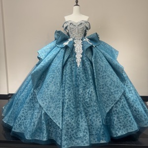 Robe de bal turquoise Wx451, épaules dénudées, décolleté cœur, ornée de perles, franges, broderies florales, en tulle pétales, Jancember - Product Image 5