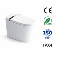 Ensemble WC intelligent en céramique avec bidet intégré, siège chauffant, commande vocale, télécommande, fonction lavage féminin, à poser au sol, cuvette allongée