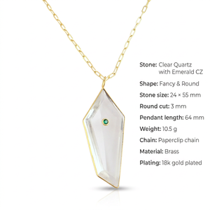 Fancy Cut Clear <b>Quartz</b> Gemstone Pendant Charms with round cut CZ Inlaid 18k Gold Plated Paperclip Chain Brass <b>Necklace</b> For Women - Product Image 1