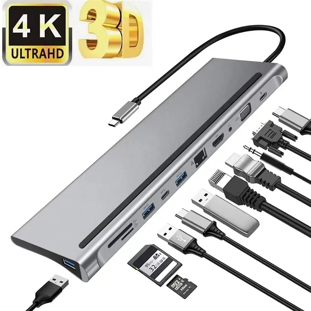 V-star Adaptor Multifungsi 11 12 In 1, Usb Tipe C Ke HDTV 4K VGA Audio RJ45 SD/TF USB 3.0 Adaptor untuk Macbook Hub Docking Station