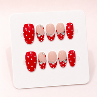 Faux ongles à presser personnalisés en gros, faits main, avec strass, motif pois rouges, French manucure, courts, ovales, réutilisables