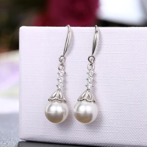 Elegant White Gold <b>Pearl</b> Drop <b>Earrings</b> With Round Brilliant Cut Diamonds For Wedding Women's 925 Silver Classic Style - Product Image 4