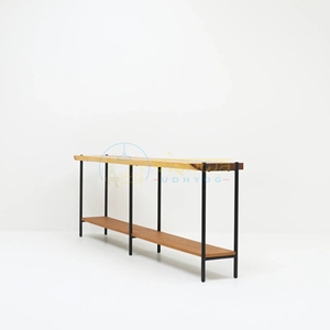 Everett Two Tier Wood and Iron <b>Console</b> <b>Table</b> Extra Long Sofa <b>Table</b> with Live Edge Top and Lower Shelf Modern <b>Rustic</b> Furniture - Product Image 1