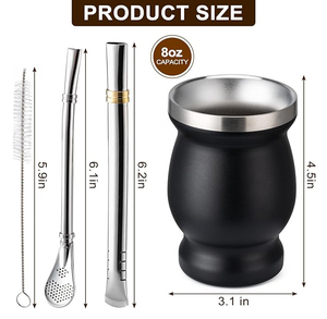Tasses à maté en acier inoxydable 304 à double paroi, isolées thermiquement, en forme de <span class=keywords><strong>gourde</strong></span>, avec cuillère et pailles, ensemble de 8oz pour Yerba Mate - Product Image 6