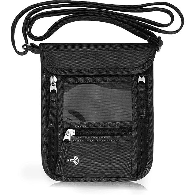 RFID Blocking Passport Holder Card Stash Pouch Nylon Travel Neck Wallet