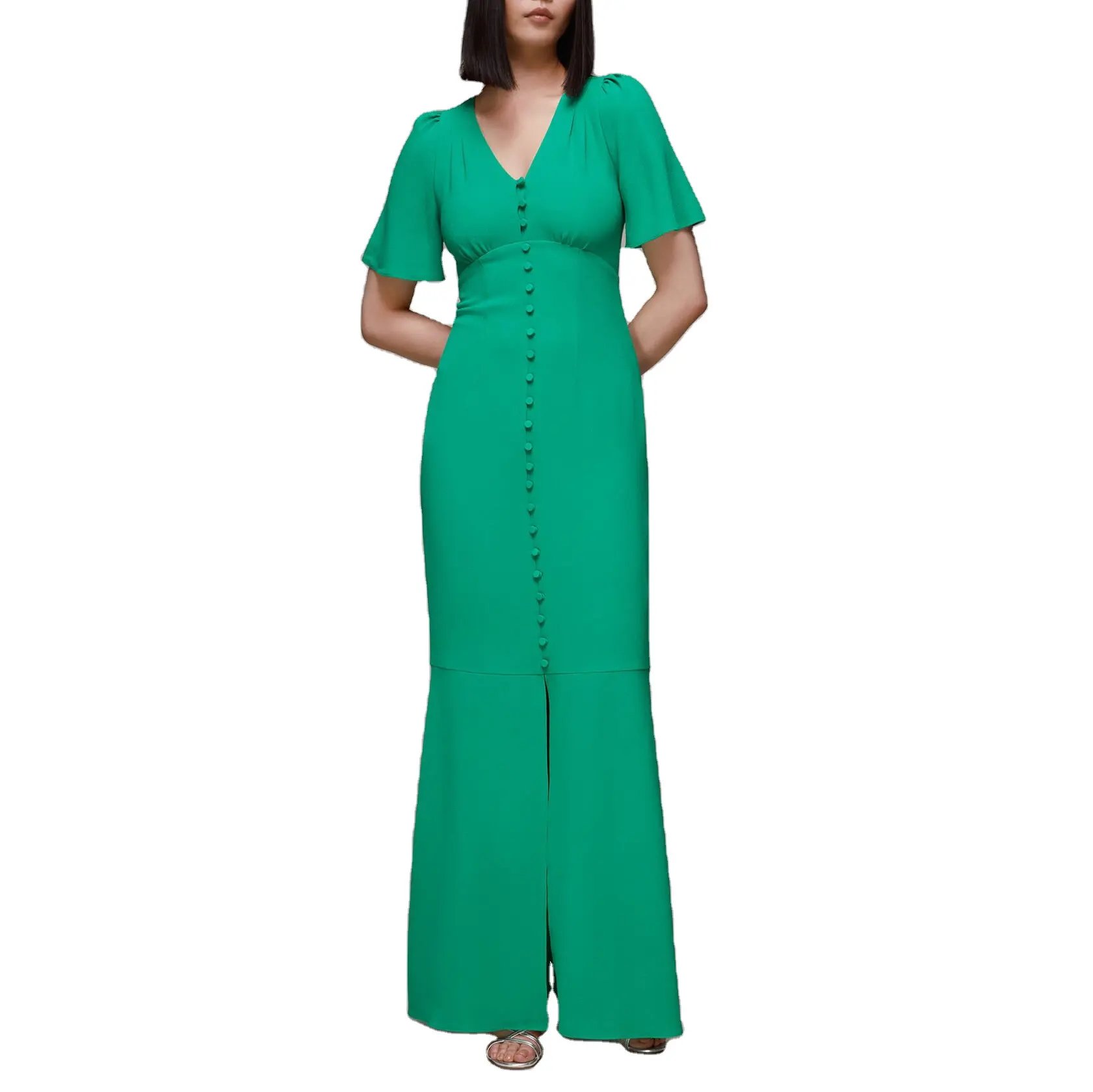 High Class Chic Women Evening Long Maxi Dress Button Slit Front Empire Sexy Floaty Sleeves Fitted Elegant Dress With Fishtail He